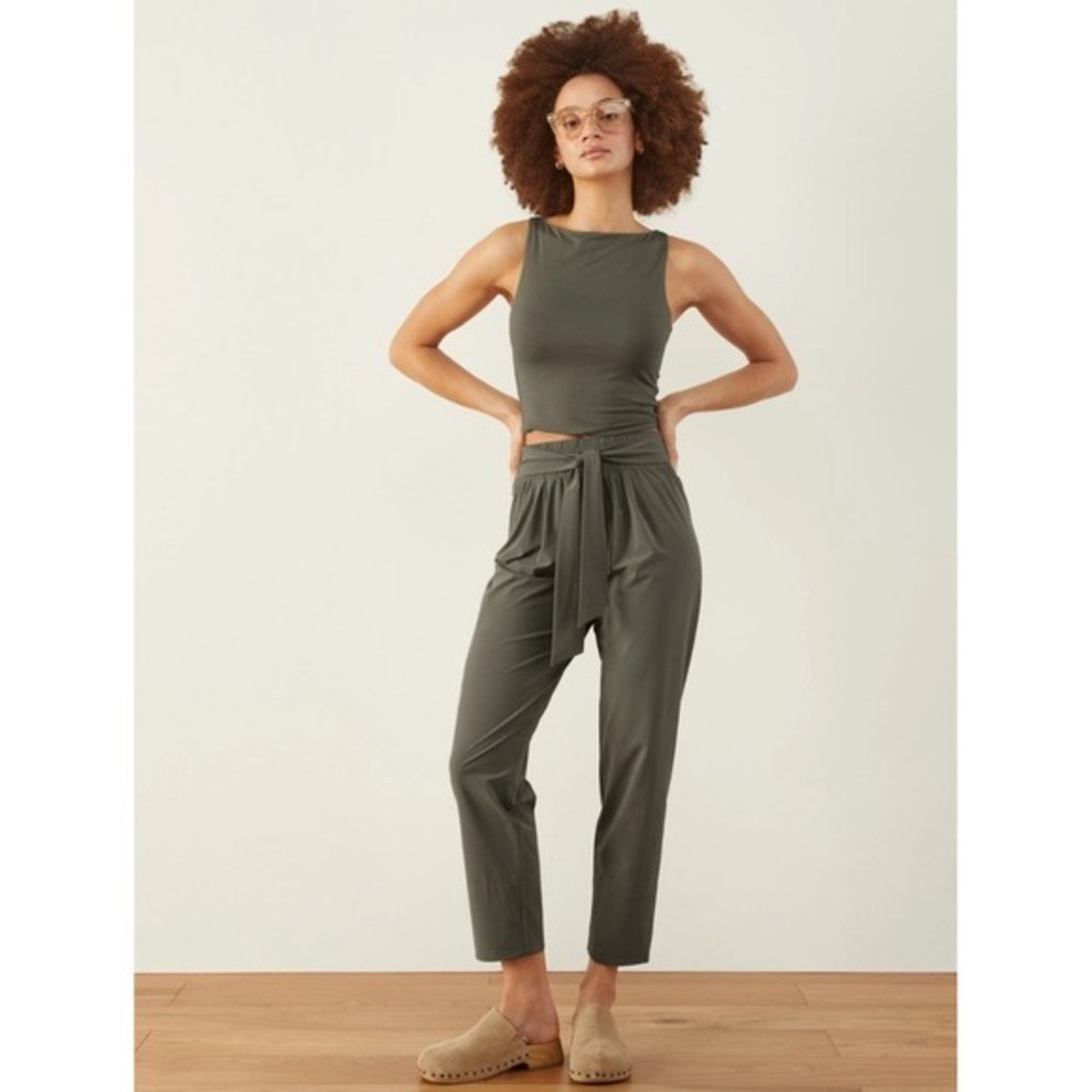 ADAY Easy Days High Rise Cropped Tie Waist Pants Forest Green Belted Size Small